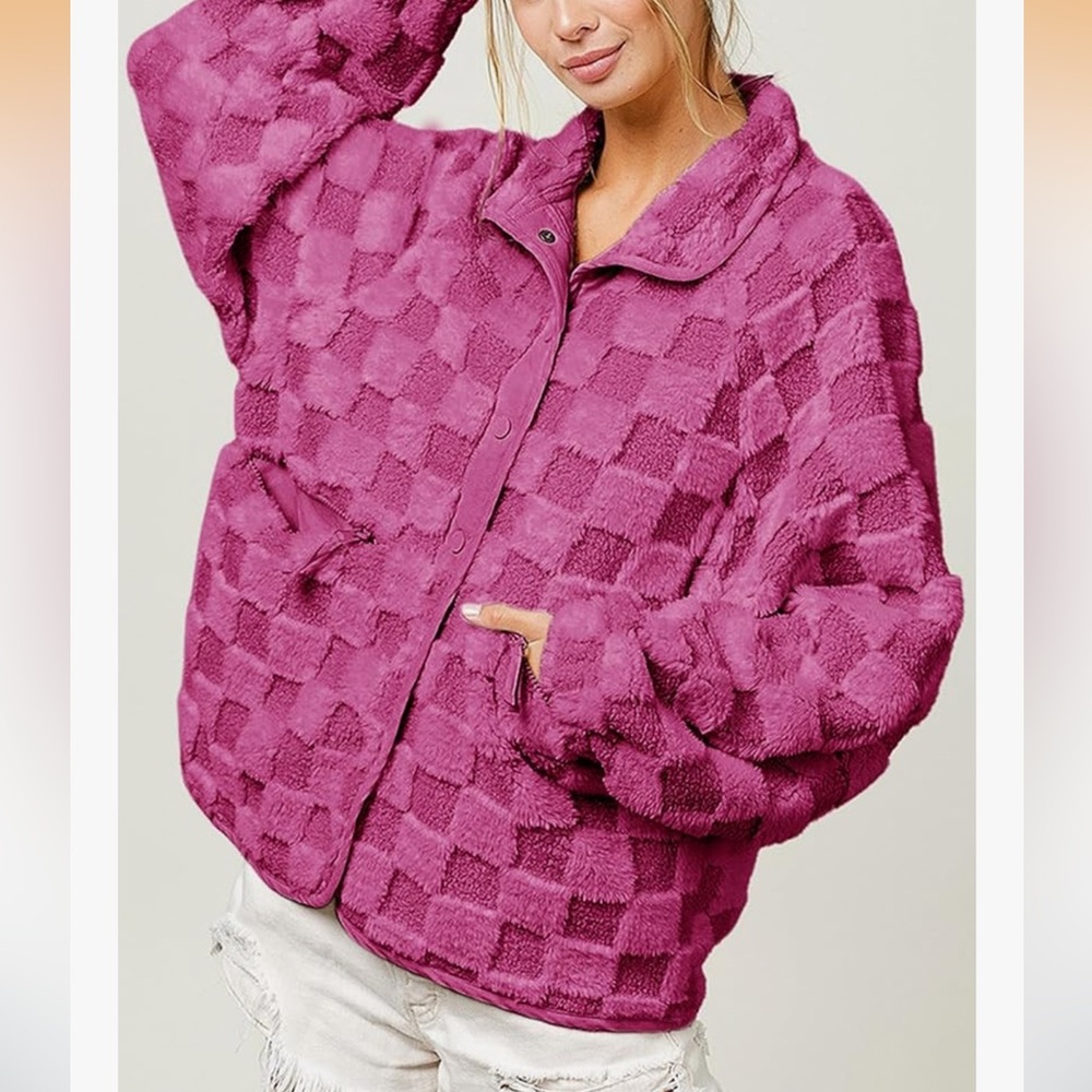 NWOT Pink Checkered Sherpa Jacket - Picture 2 of 2